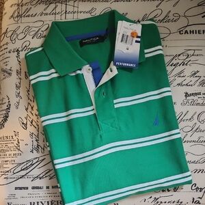 Nautica Green and White Striped Performance Polo